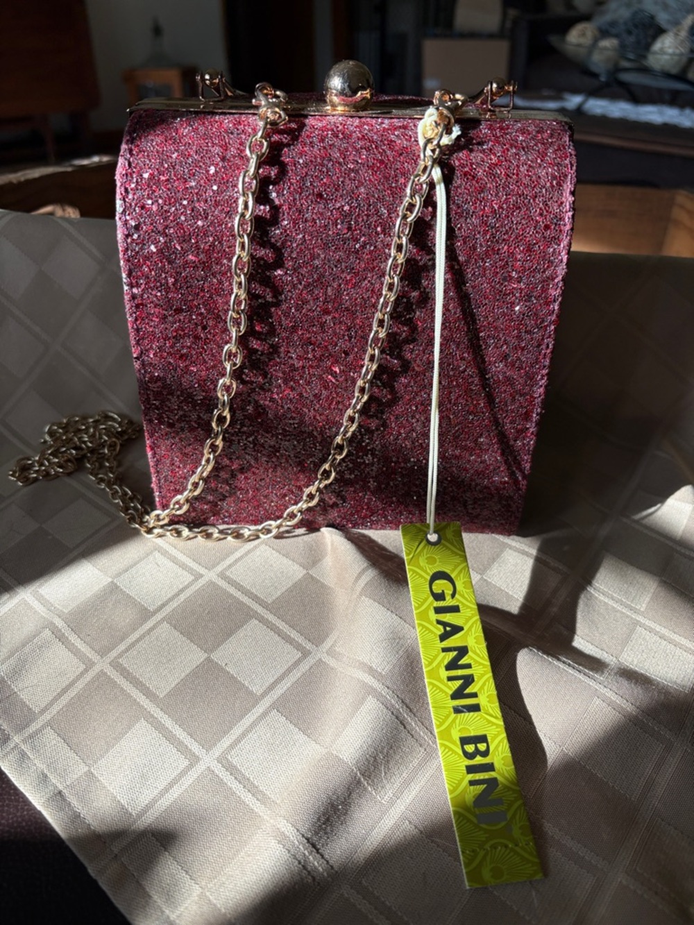 Gianni Bini Sparkling Burgundy Box Clutch with Gold Chain